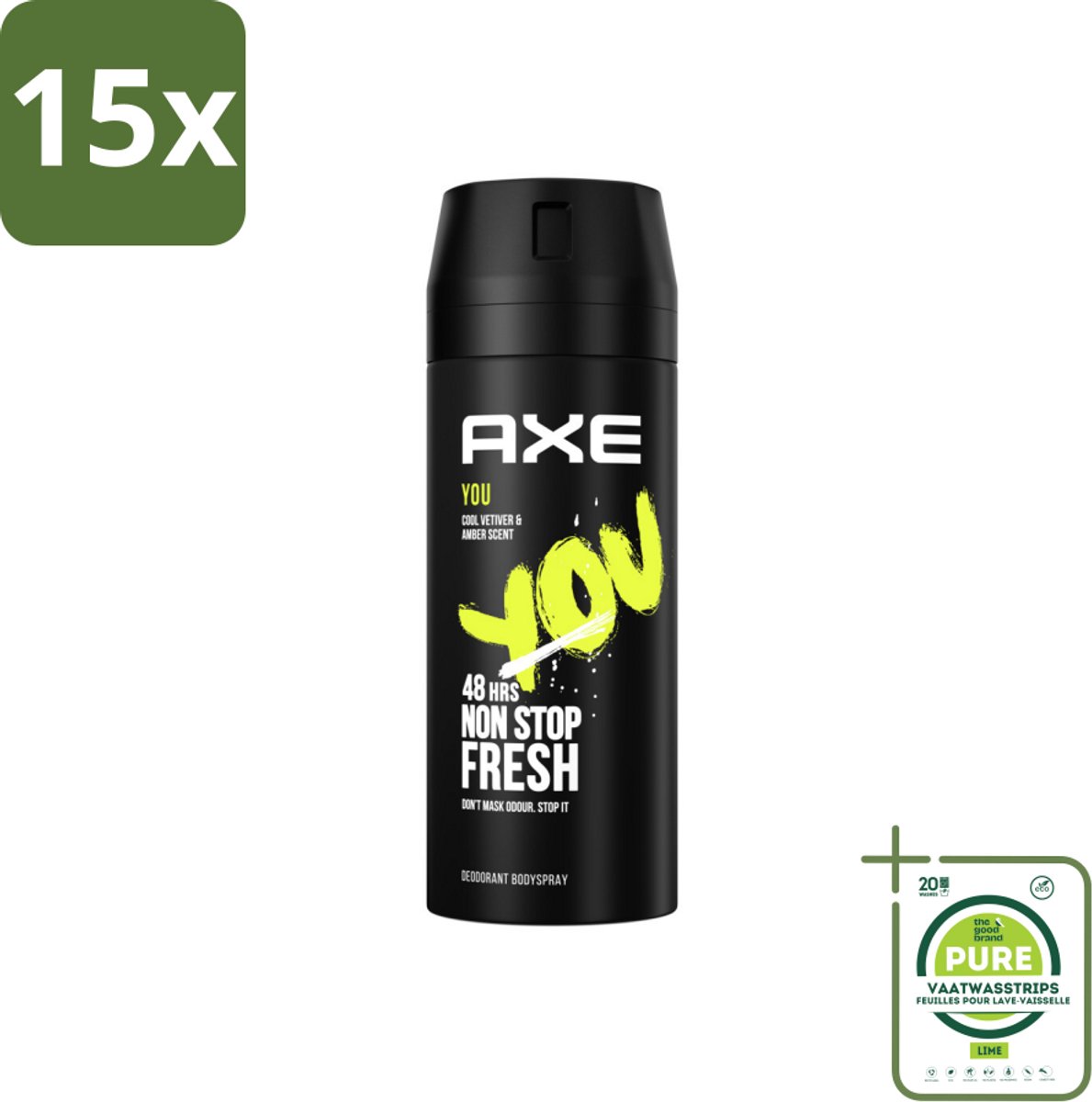 15 x Axe - Deodorant Bodyspray - 48hrs Fresh - You - Cool Vetiver & Amber - 150 ml - Grootverpakking - Deodorant - Deodorant Spray - Axe - 48 Uur Bescherming - Geurbestrijding