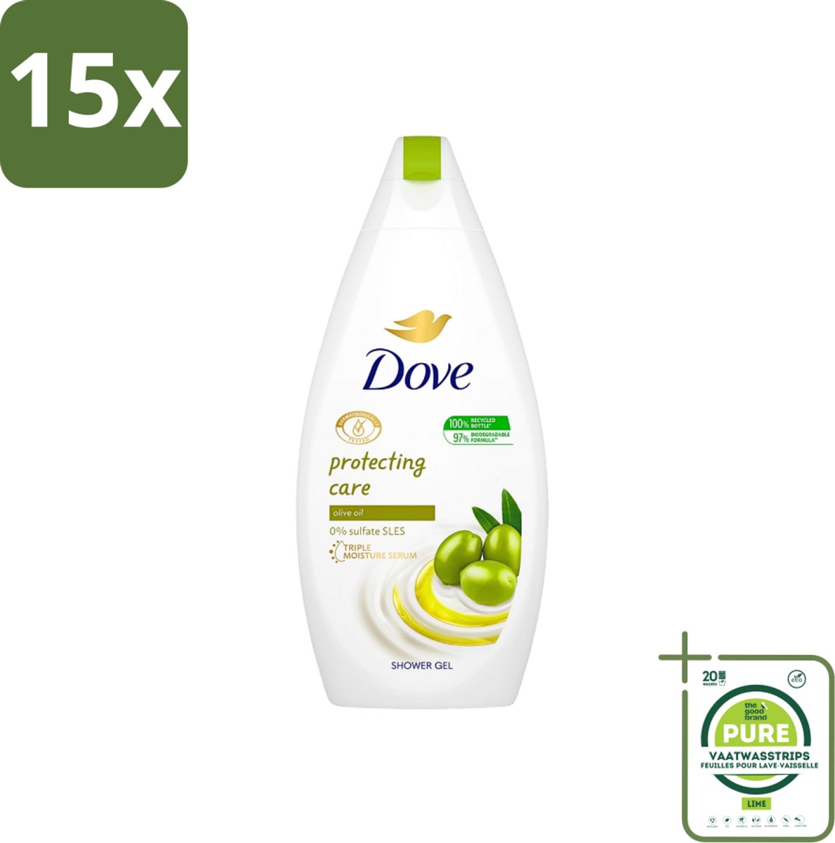 15 x Dove Protecting Care - Douchegel - Olijfolie - Sulfaatvrij - 450 ml - Grootverpakking - Dove Douchegel - Olijfolie Douchegel - Hydraterende Douchegel - Sulfaatvrije Douchegel - Zachte Douchegel