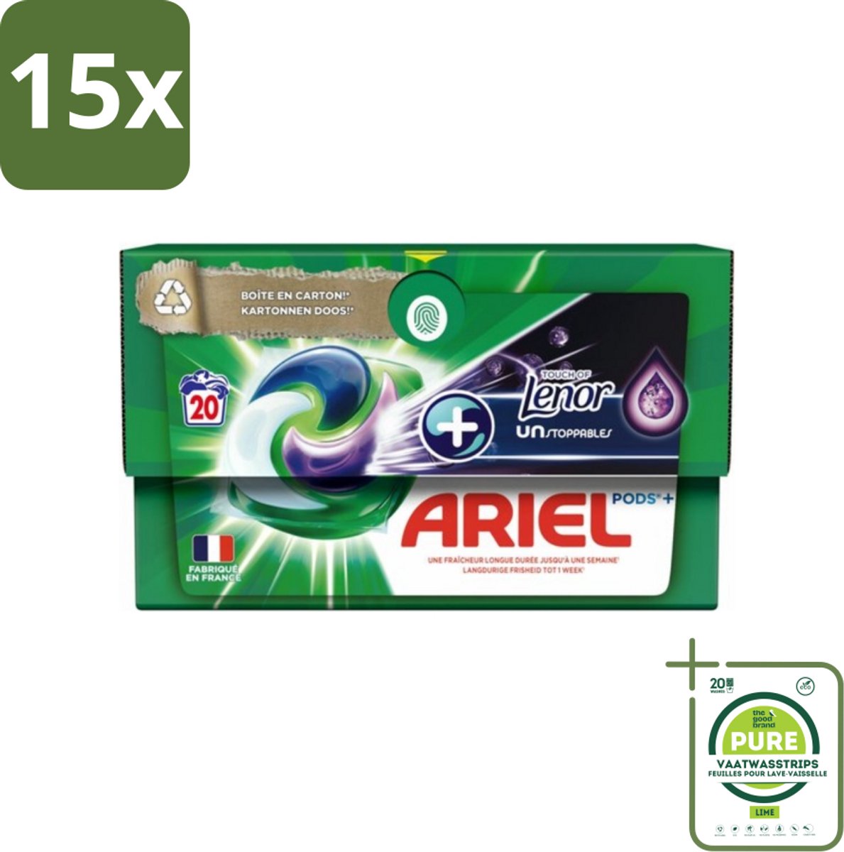15 x Ariel Original - Touch of Lenor Unstoppables - Wasmiddelcapsules - Pods+ - Witte en Gekleurde Was - 20 Wasbeurten - Grootverpakking - Wasmiddelcapsules - Waspoeder - Ariel - Lenor - Wasverzachter