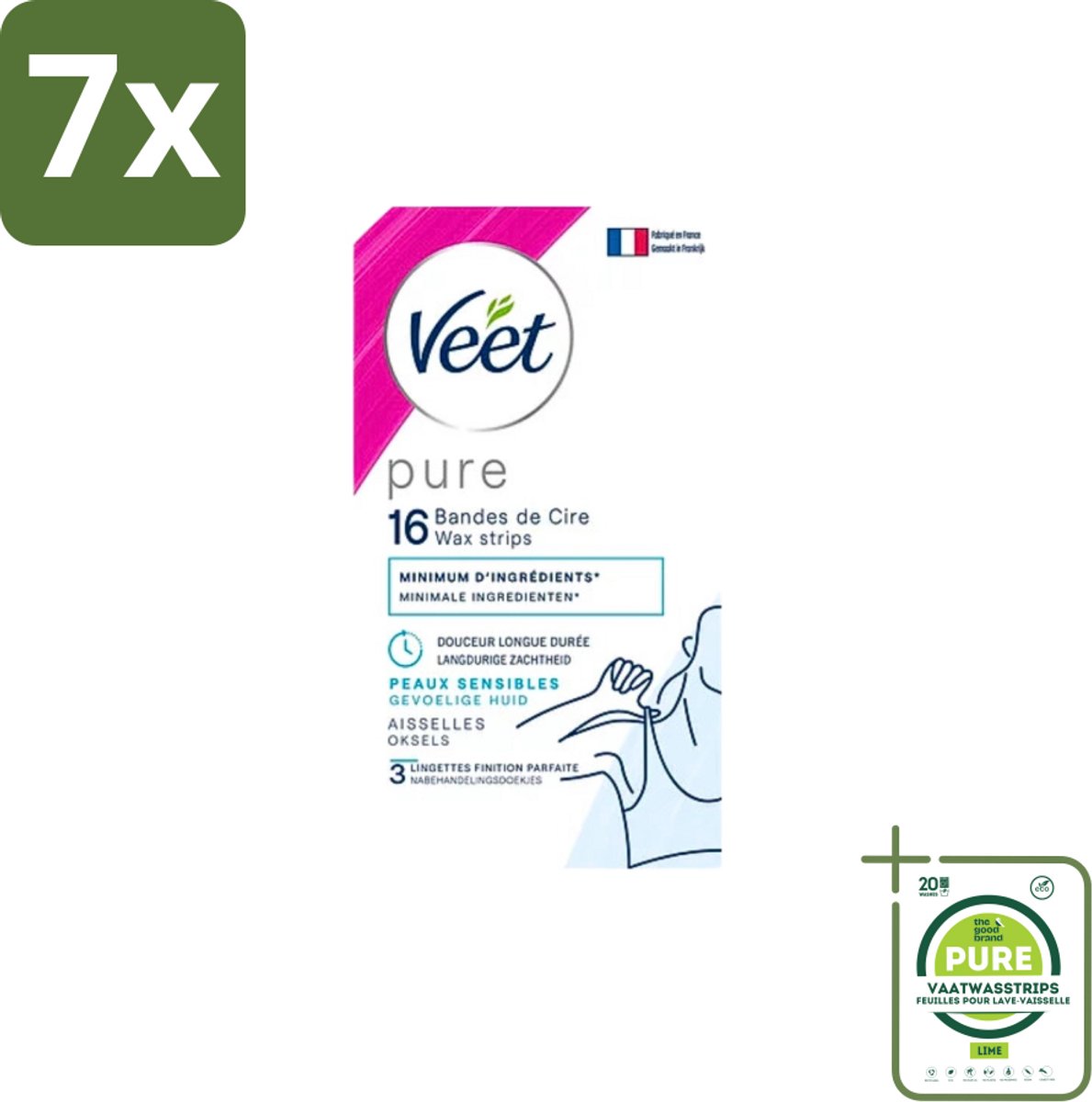 7 x Veet - Ontharingsstrips - Oksels - Hypoallergene Minima - 16 Strips - Grootverpakking - Ontharingsstrips - Oksels - Gladheid - Zachtheid - Gevoelige Huid
