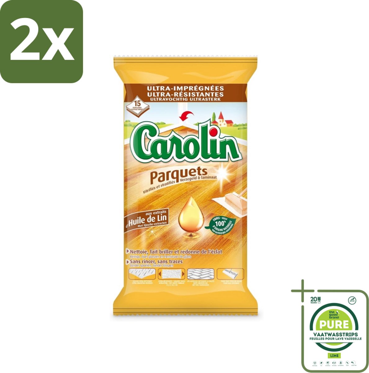 Carolin - Parket Vloerdoekjes - Schoonmaakdoek - Met Lijnolie - 15 Doekjes - Voordeelverpakking - 2 stuks - Parketvloer schoonmaken - Parketonderhoud