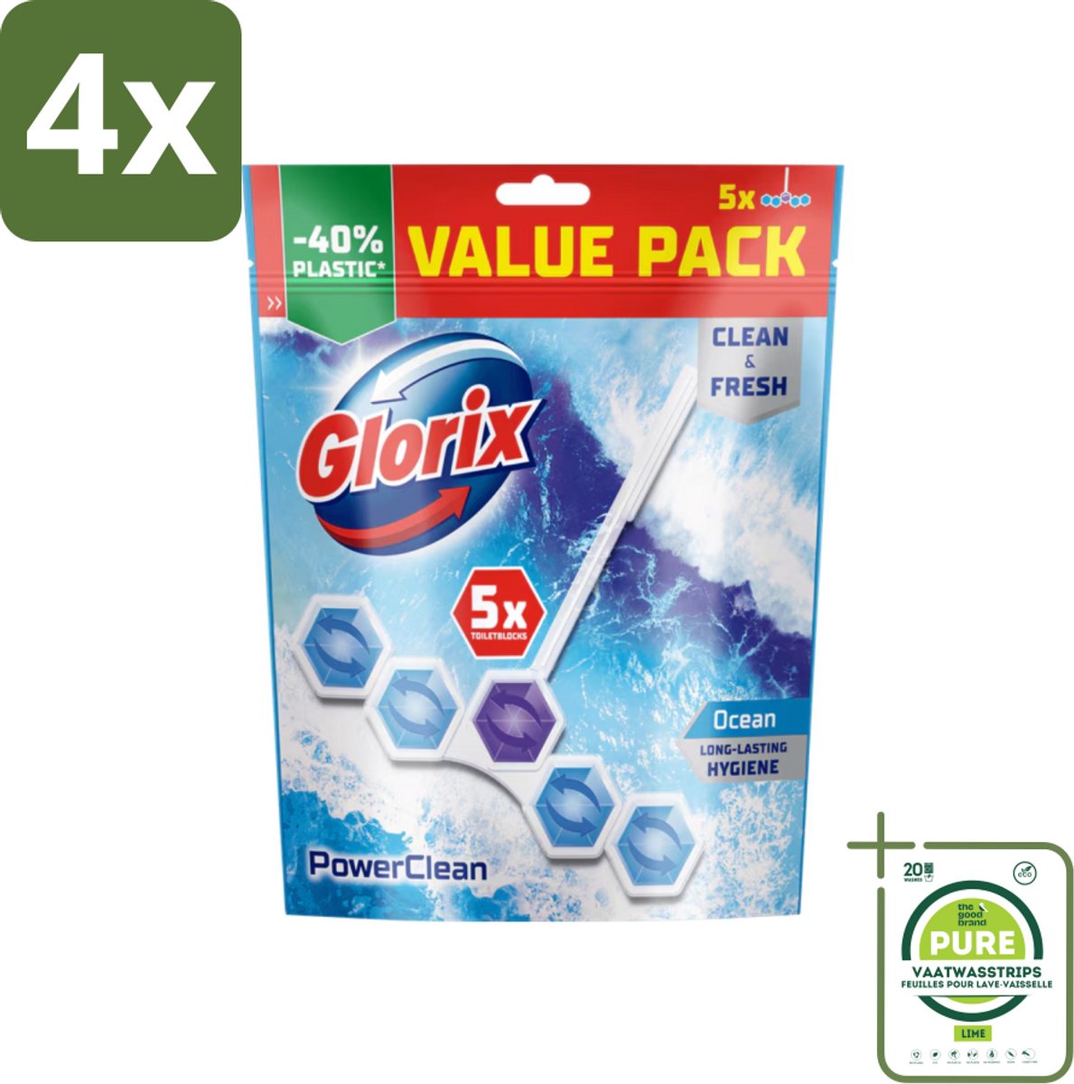 Glorix - Power Clean - Toiletblok - Ocean - Hersluitbare Verpakking - 5 Blokken - Voordeelverpakking - 4 stuks - Toilet schoonmaak - Toiletblok