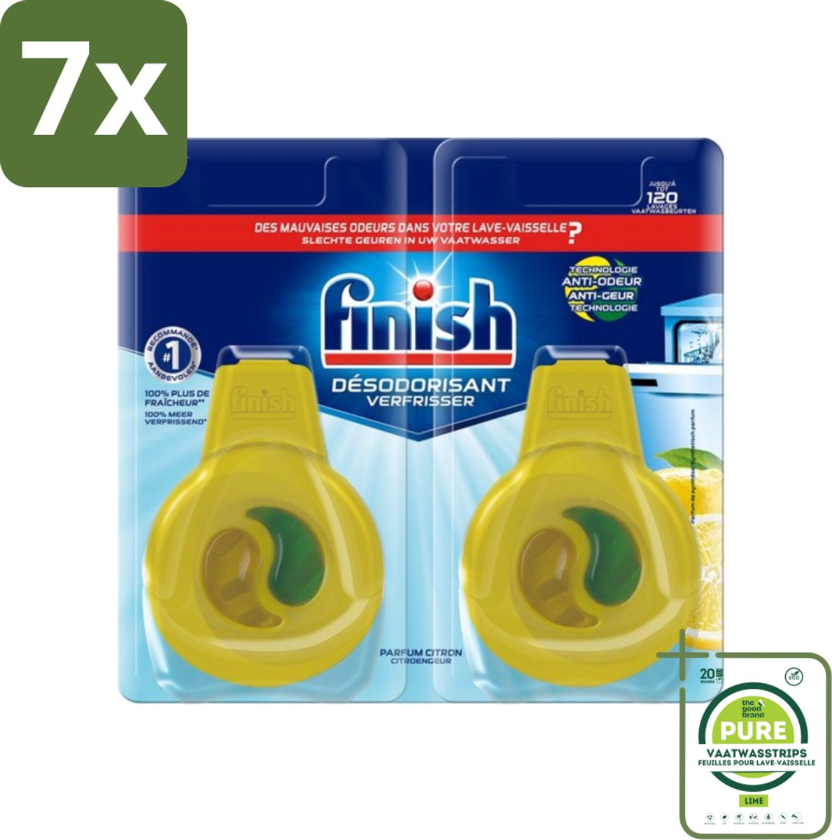7 x Finish Deo Odorstop - Vaatwasverfrisser - Citroen Parfum - Anti-geur - Tot 120 Afwasbeurten - Grootverpakking - Vaatwasverfrisser - Anti-geur - Geurbeheersing - Citroen - Vaatwasser