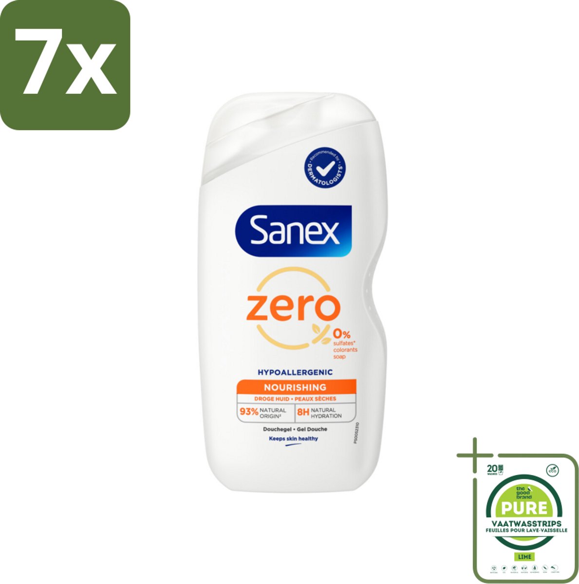 7 x Sanex Zero% - Douchegel - Verzorgend - Natuurlijke Ingrediënten - Droge Huid - 400 ml - Grootverpakking - Douchegel - Sanex - Natuurlijke Ingrediënten - Droge Huid - Verzorgend