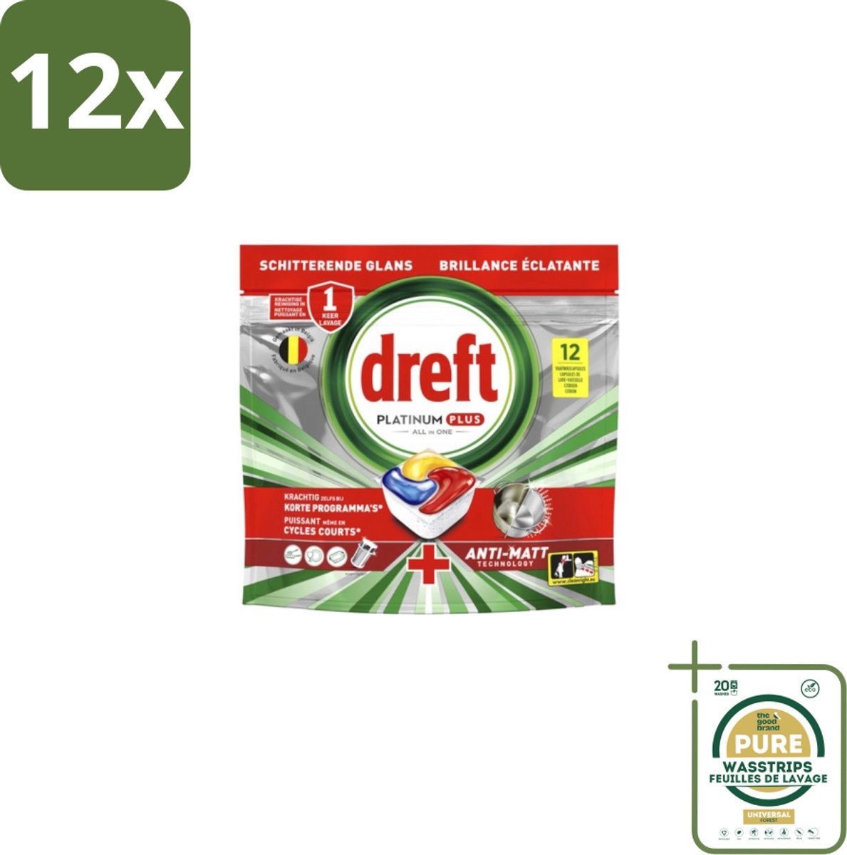 Dreft – Vaatwastabletten – Platinum Plus All-in-One – Lemon – 12 Tabletten - Voordeelverpakking - 12 stuks - Anti-dofheid - Vaatwasmiddelen lemon