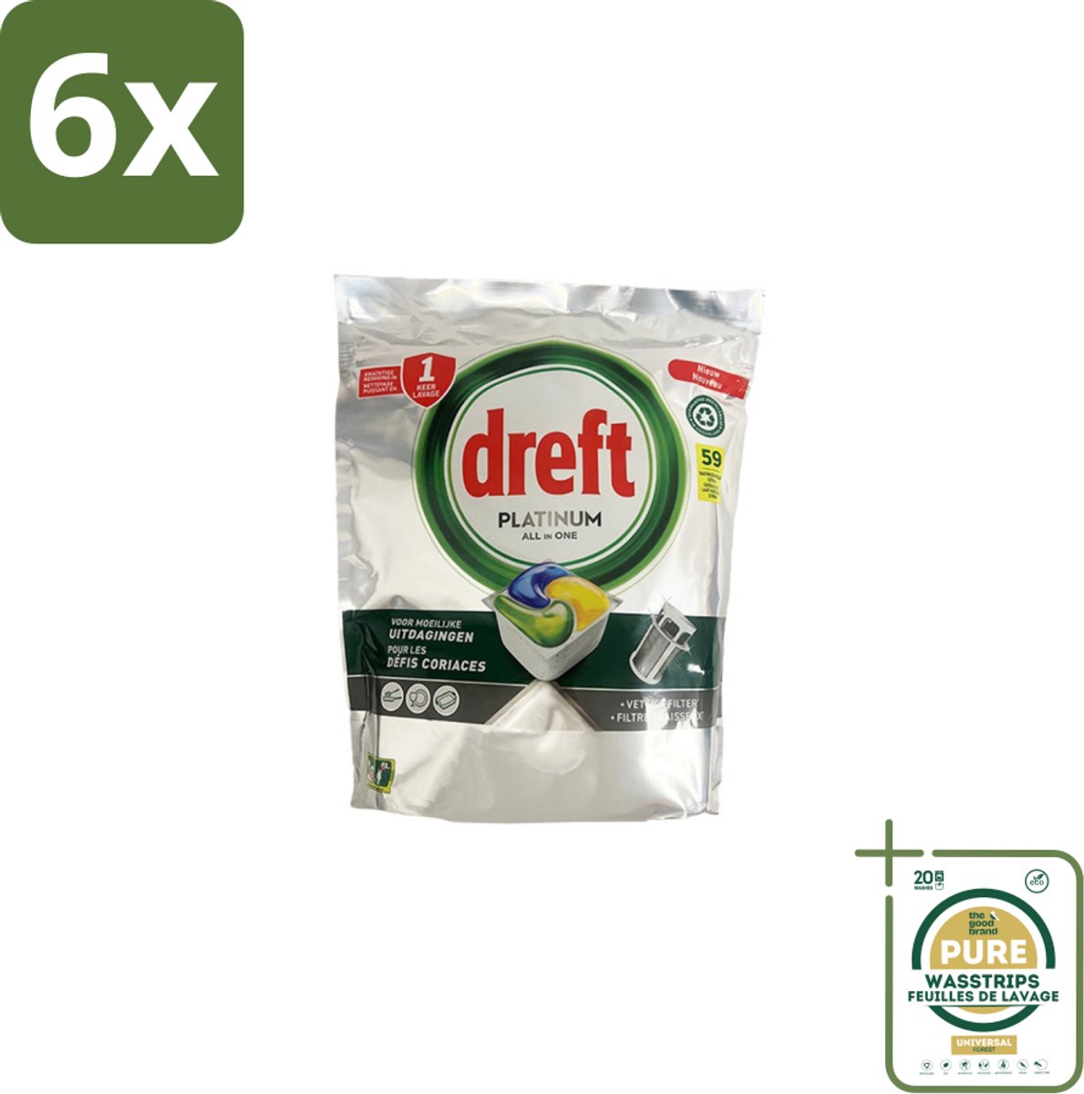 Dreft – Vaatwastabletten – All-in-One Platinum – Lemon – 59 Tabletten - Voordeelverpakking - 6 stuks - Vetverwijderen - Glasbescherming