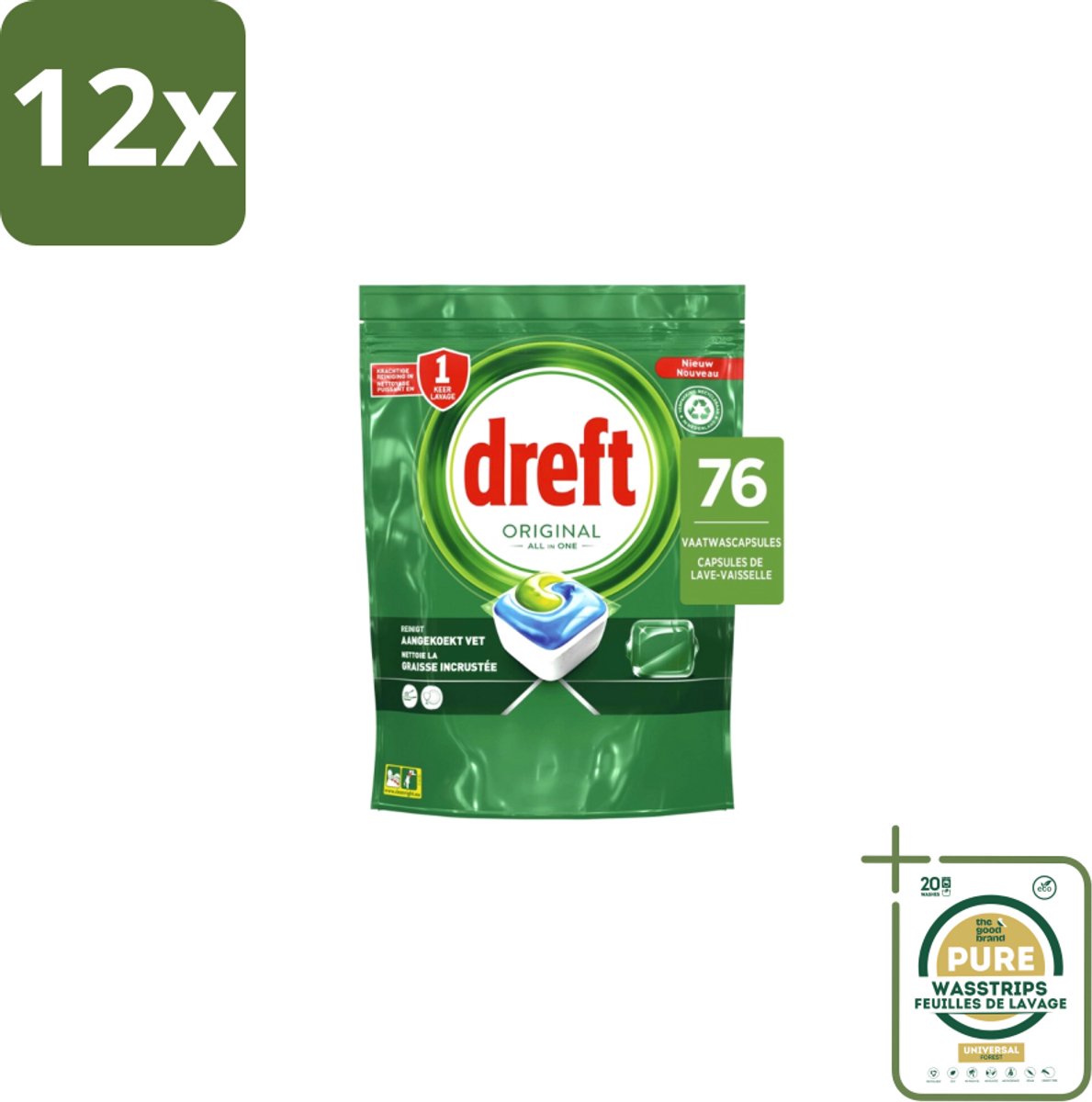 Dreft – Vaatwascapsules – Original All-in-One – 76 Capsules - Voordeelverpakking - 12 stuks - Reinigingscapsule - Vaatwasser