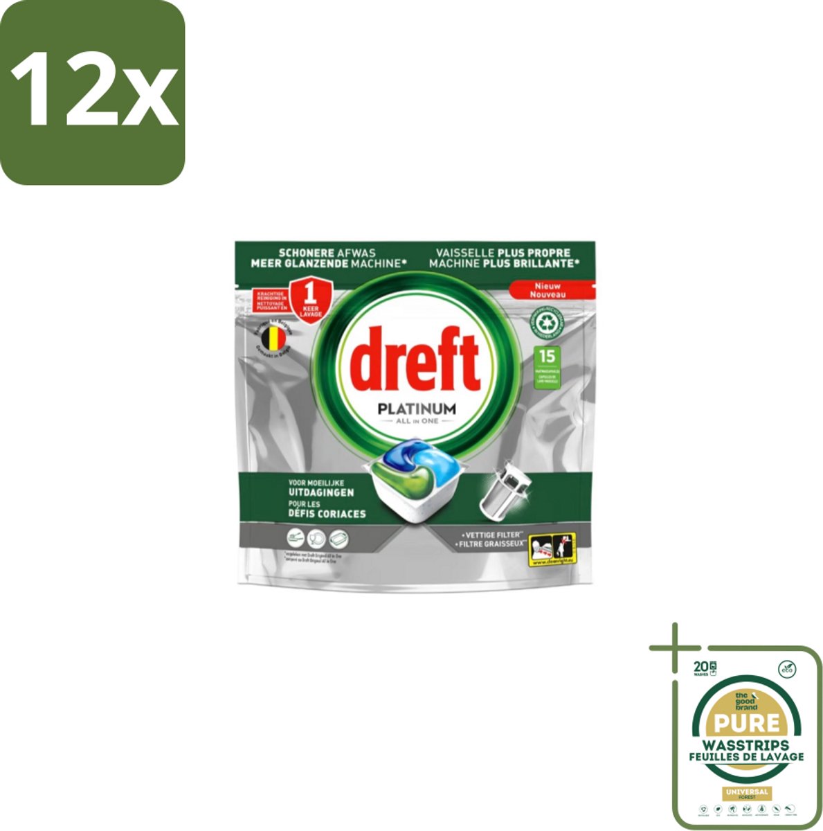 Dreft – Vaatwascapsules – Platinum All-in-One – 15 Capsules - Voordeelverpakking - 12 stuks - Reinigingscapsule - Vetverwijdering