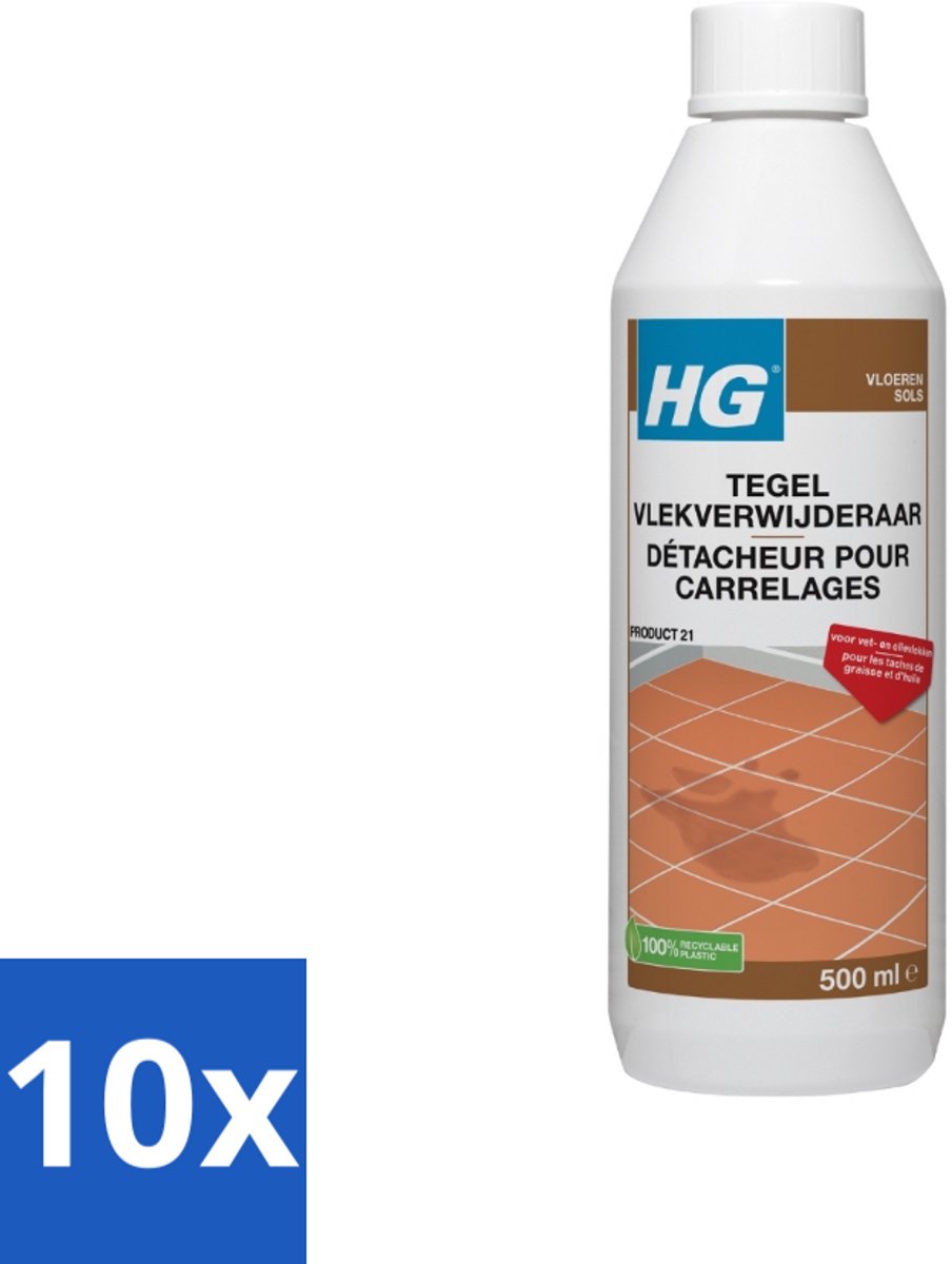 10 x HG - Vloeren - Tegel Vlekverwijderaar - Voor Vet & Olievlekken - 500 ml - Vlekverwijderaar Tegel - Vetvlek Verwijderen - Olievlek Verwijderen - Vloer Reinigen - Vlekken Verwijderen