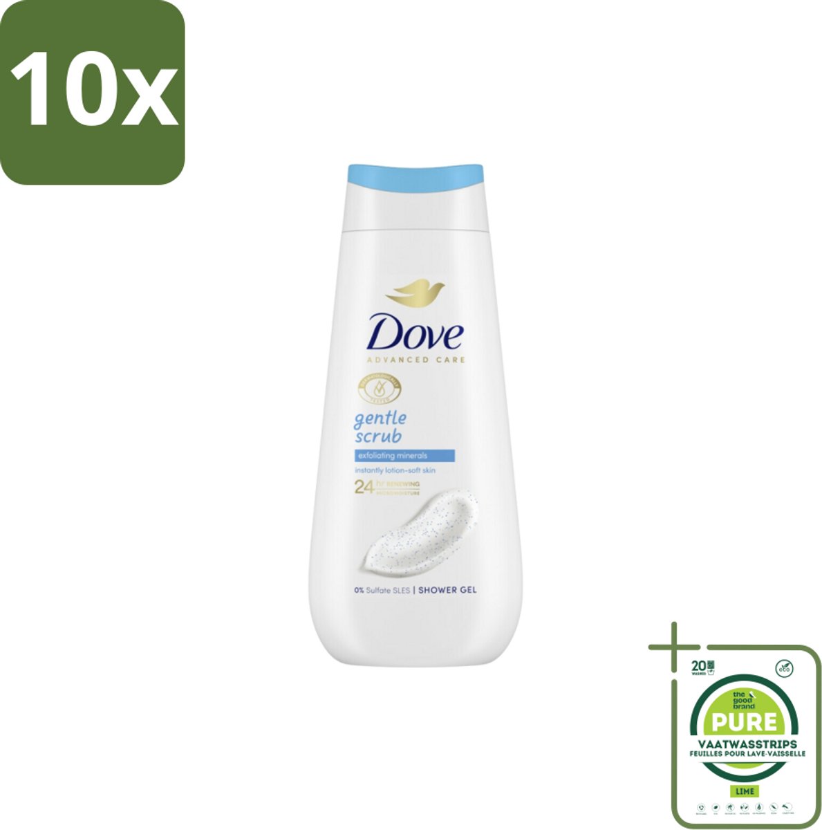 10 x Dove – Douchegel – Advanced Care Gentle Scrub – 225 ml - Grootverpakking - Douchegel - Exfoliatie - Huidverzorging - Zachte Douchegel - Schuim