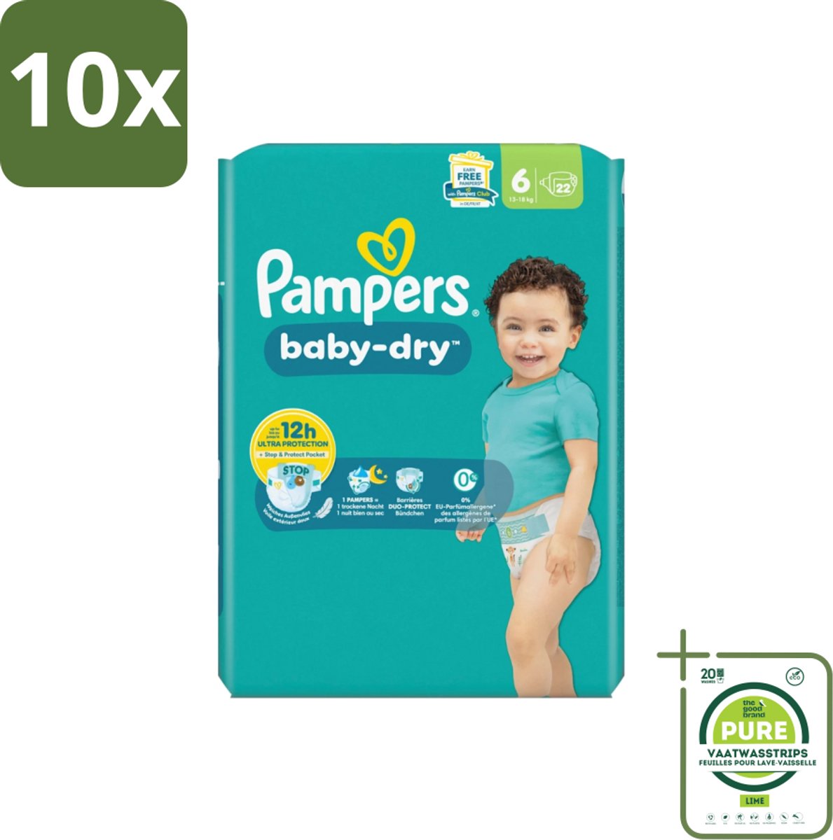 10 x Pampers – Luiers – Baby Dry Maat 6 – 22 Luiers - Grootverpakking - Baby Luier - Droge Luier - Luier Voor Baby - Luier Maat 6 - Lekbescherming