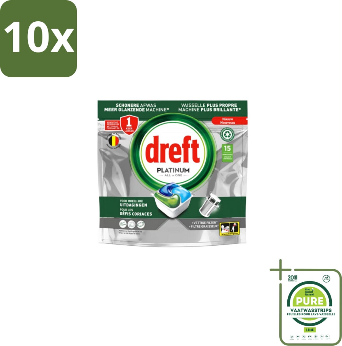 10 x Dreft – Vaatwascapsules – Platinum All-in-One – 15 Capsules - Grootverpakking - Vaatwasmiddel - Vaatwascapsule - Reinigingscapsule - Vetverwijdering - Glansspoelmiddel