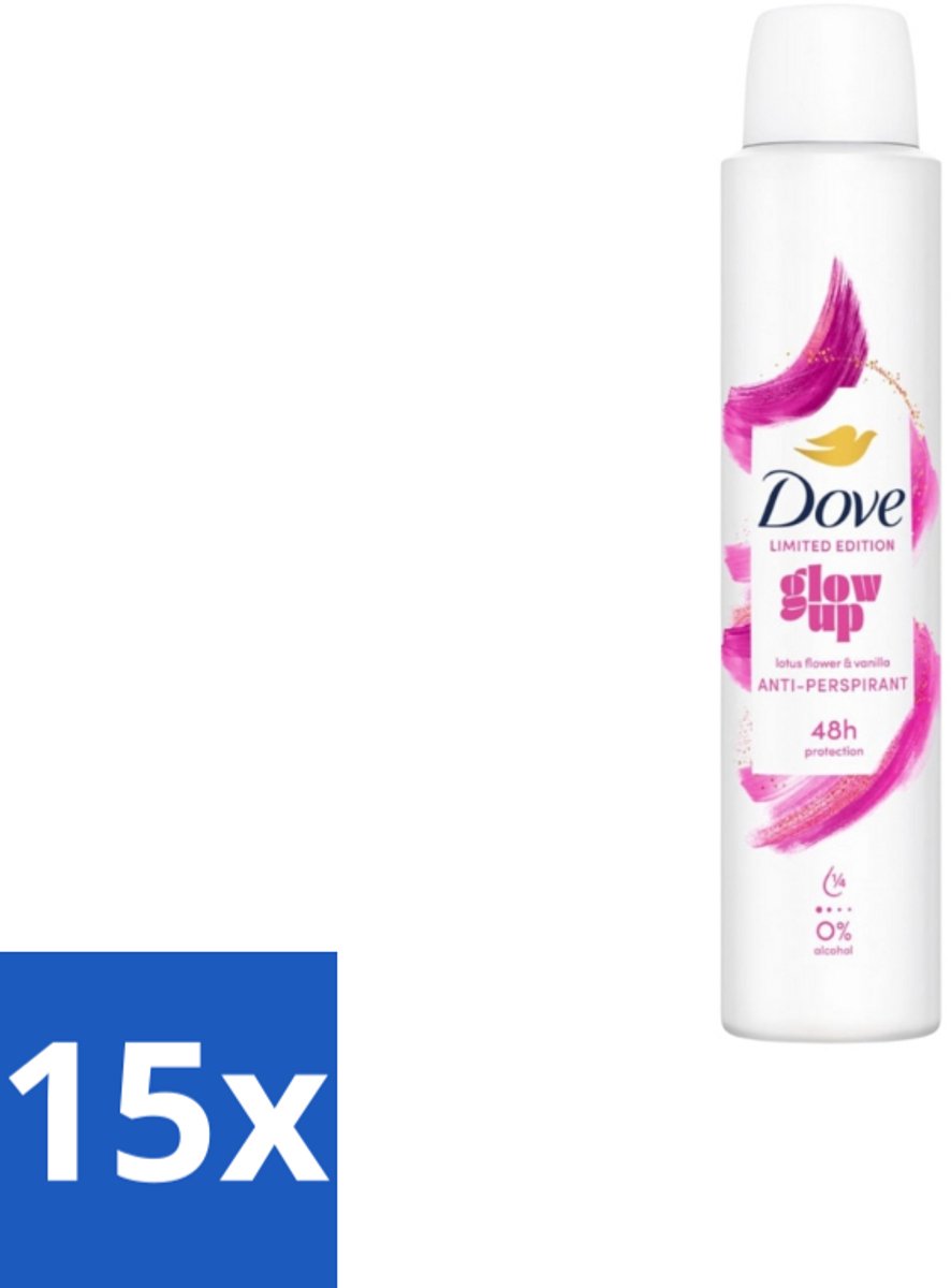 15 x Dove – Deodorant Spray – Glow Up – 200 ml - Anti-transpirant Spray - Zweetvermindering - Geurvermindering - Fris - Bloemig