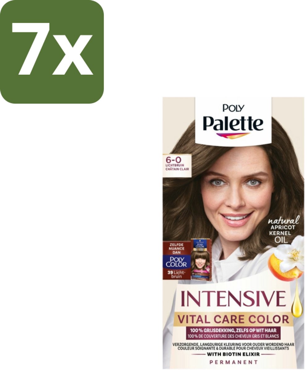 7 x Poly Palette – Haarverf – 6-0 Lichtbruin – 115 ml - Haarkleur - Haarkleuring - Grijsdekking - Lichtbruin - Permanente Haarkleuring