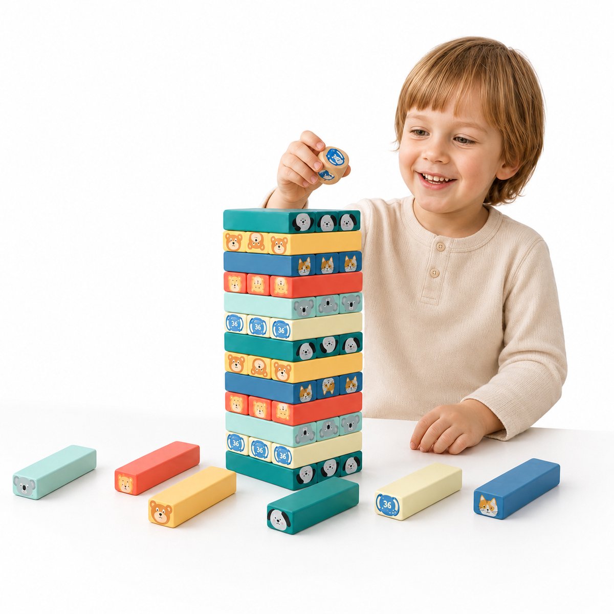 BOTC Grote Toren Spel - Toren Bouwen speelgoed - 54 stuks Educatief familiespel - Dieren & Kleuren - voor Kinder vanaf 3 +