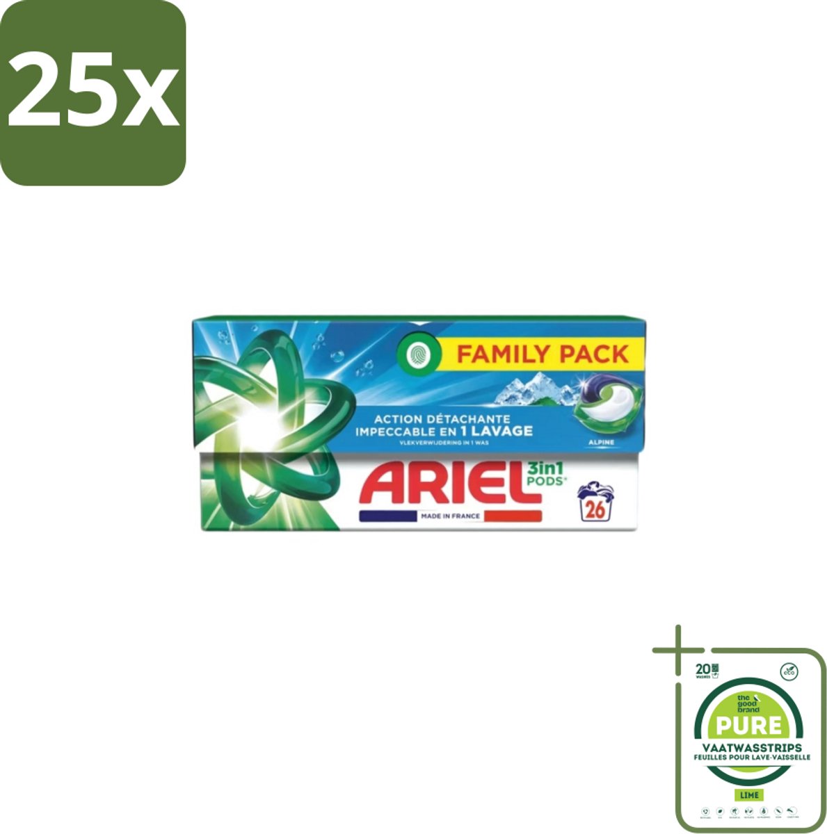 25 x Ariel – Pods 3in1 – Alpine – 26 wasbeurten - Grootverpakking - Ariel 3in1 Pods Alpine - Wasmiddel 26 Wasbeurten - Kleurbehoud Wasmiddel - Frisse Geur Wasmiddel - Compacte Pods