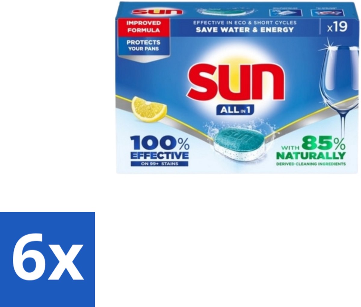6 x Sun – Vaatwastabletten – All-in-1 Citroen – 19 tabletten - Vaatwastabletten Citroen - Vaatwasmiddel Citroen - Reinigingstabletten - Vaatwasmiddel - Vaatwasmiddel Citroen