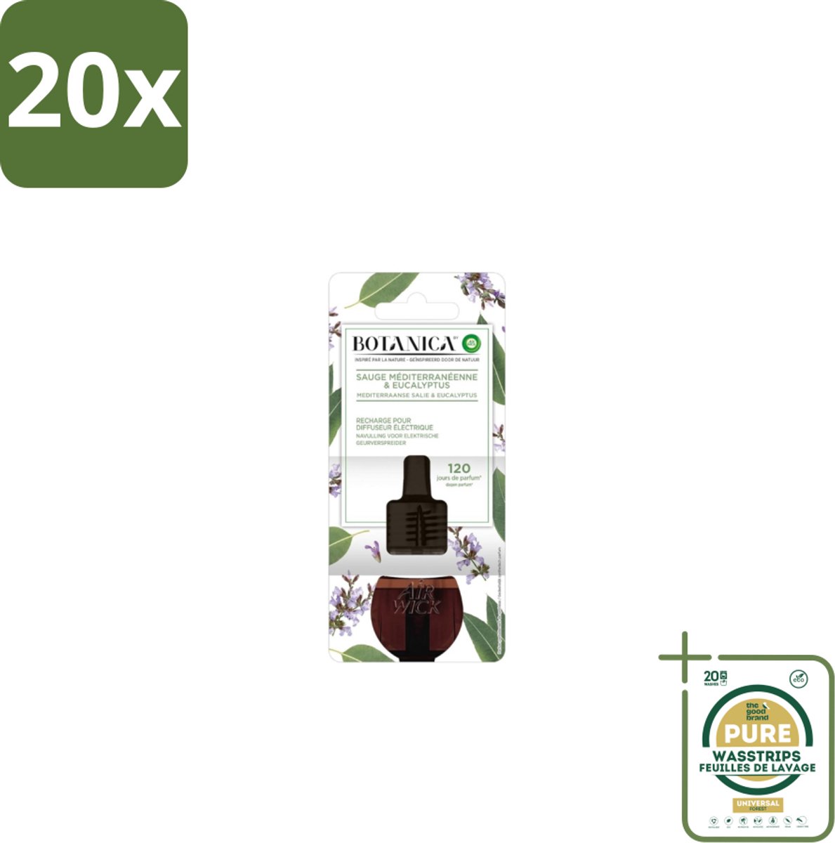 20 x Air Wick – Navulling – Botanica Mediterrane Salie & Eucalyptus – 19 ml - Grootverpakking - Natuurlijke Geur - Salie En Eucalyptus - Luchtverfrissers - Aromatische Navulling - Essentiële Oliën
