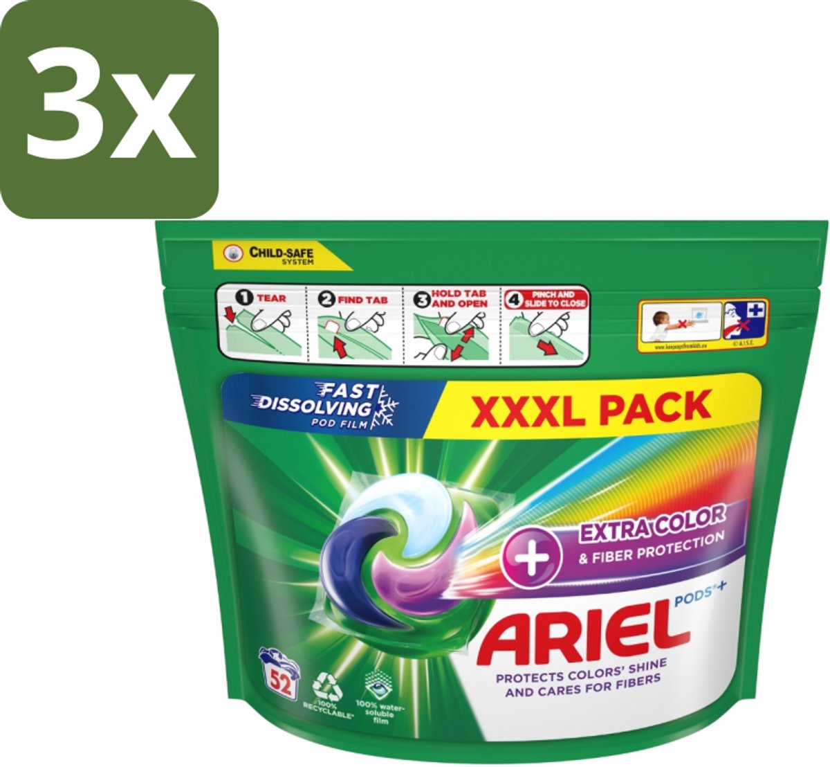 3 x Ariel – Waspods – Fiber Protection – 52 wasbeurten - Vezelbescherming - Wasmiddel Pods - Kleding Reinigen - Kleur Beschermen - Wasmiddel Voor Kleding
