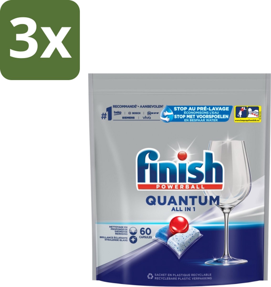 3 x Finish – Vaatwastabletten – Quantum All-in-1 – 60 Capsules - Vaatwastabletten - Vaatwassen - Reiniging - Glans - Vet Verwijderen