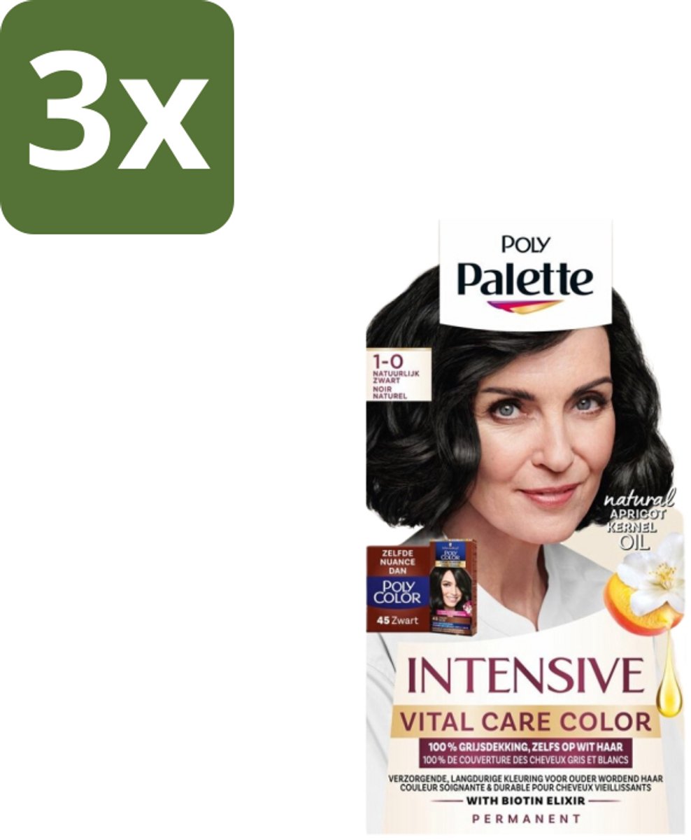 3 x Poly Palette – Haarverf – 1-0 Natuurlijk Zwart – 115 ml - Haarkleur - Grijsdekking - Zwart Haar - Permanente Haarkleuring - Natuurlijke Glans