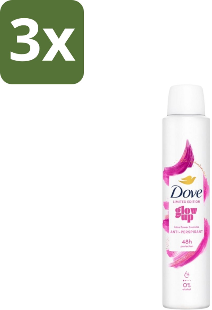 3 x Dove – Deodorant Spray – Glow Up – 200 ml - Anti-transpirant Spray - Zweetvermindering - Geurvermindering - Fris - Bloemig