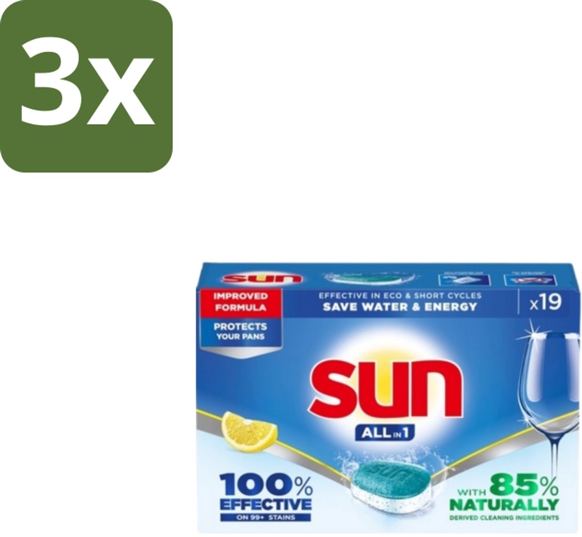 3 x Sun – Vaatwastabletten – All-in-1 Citroen – 19 tabletten - Vaatwastabletten - Citroen - Reiniging - Schone Vaat - Glans