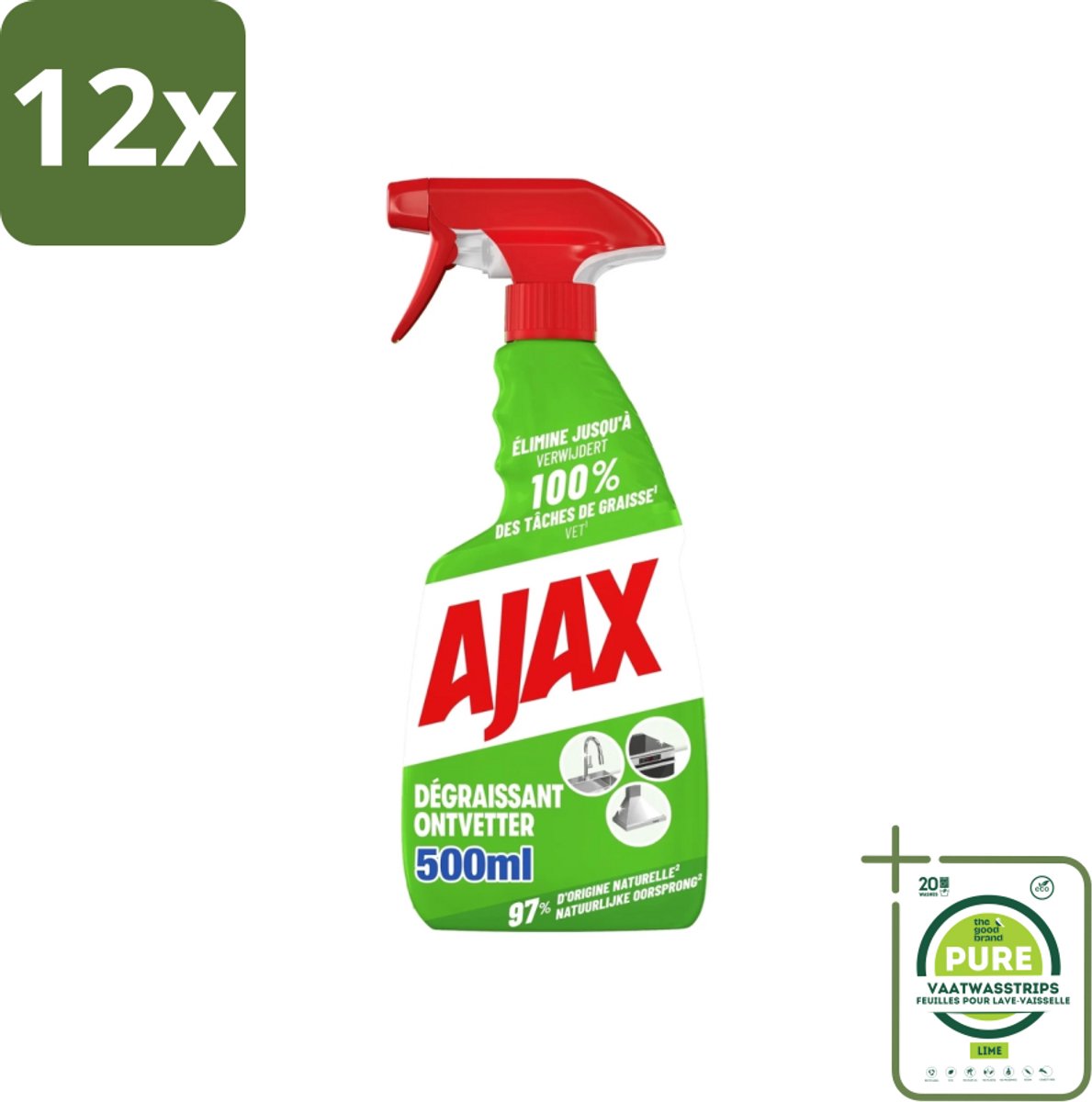 Ajax – Ontvetter Spray – 500 ml - Voordeelverpakking - 12 stuks - Ajax ontvetter - Ontvetter spray 500 ml