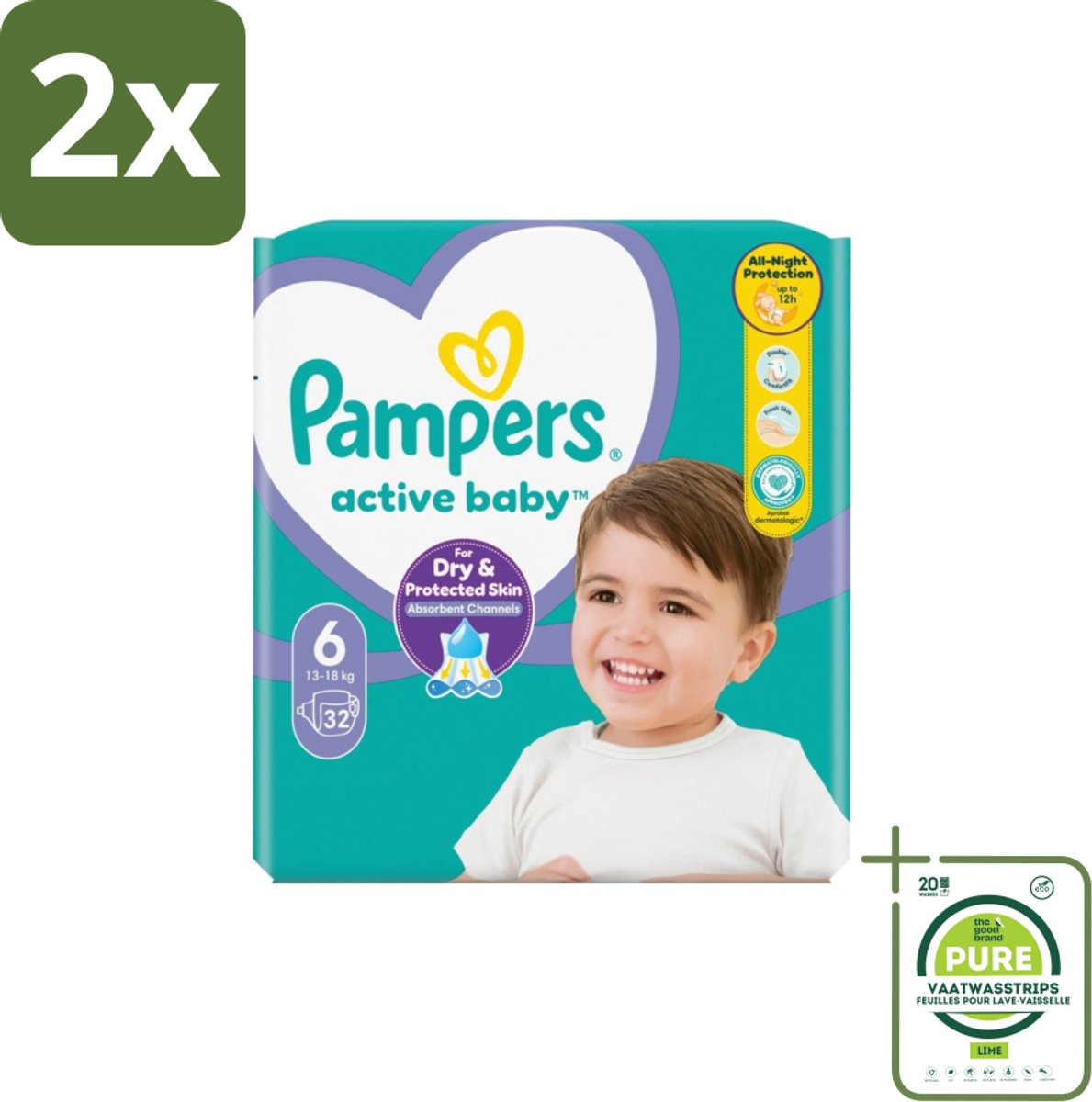 Pampers Active Baby Luiers Maat 6 (13-18 kg) 32 stuks per verpakking - Voordeelverpakking - 2 stuks - Baby luiers - Bescherming tegen doorlekken