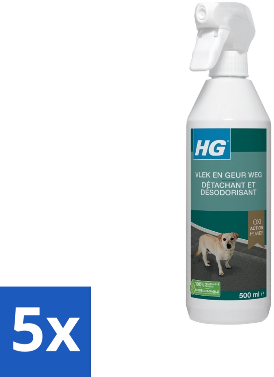 5 x HG - Vlek & Geur Weg Spray - Hond - Oxi Action Power - Hardnekkige Werking - 500 ml - Hondvlek Weg - Hondgeur Weg - Hondvlek Neutraliseren - Hondgeur Neutraliseren - Vlek Op Tapijt