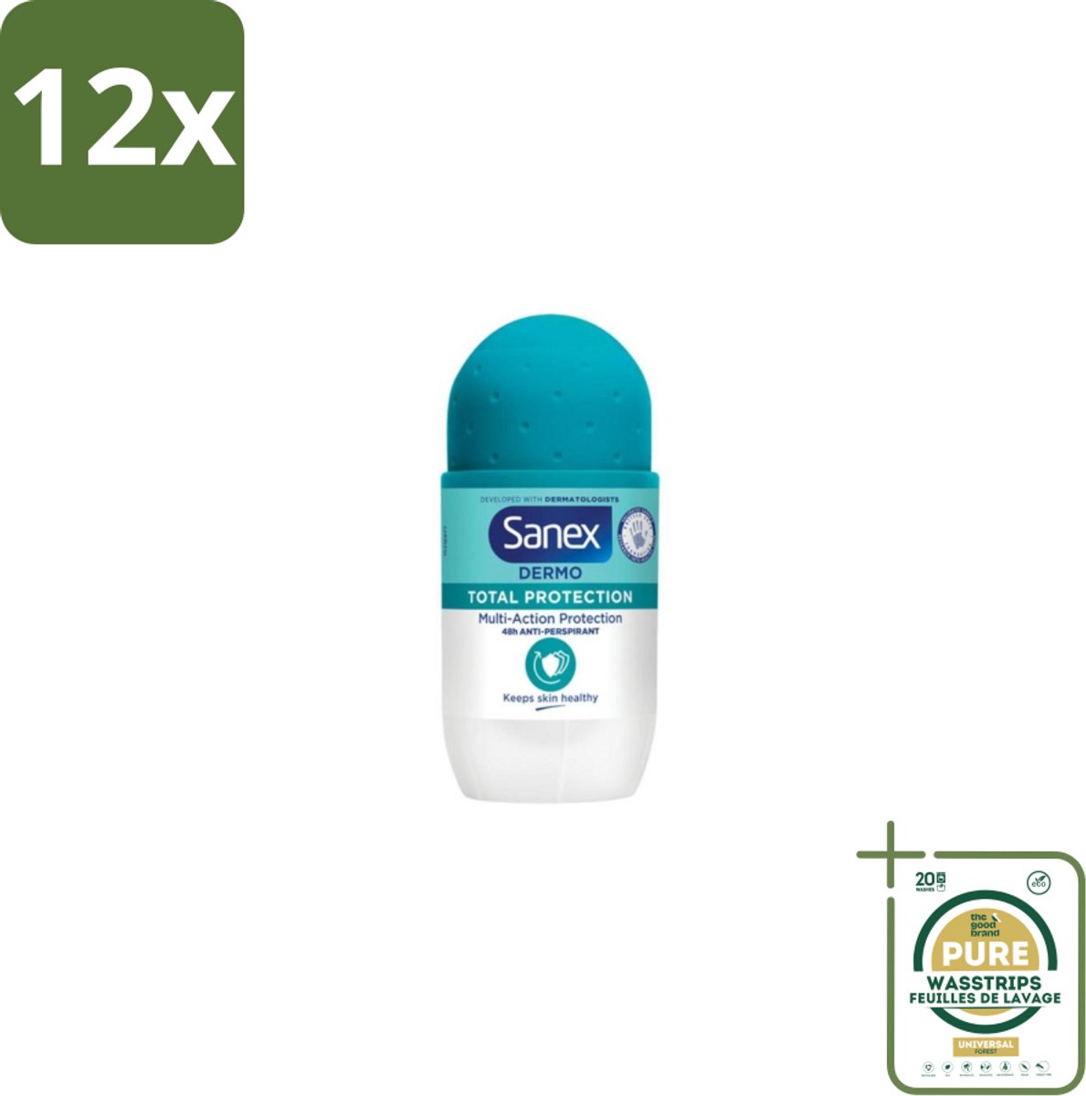 Sanex – Deodorant Roll-On – Dermo Total Protection – 50 ml - Voordeelverpakking - 12 stuks - Zweetvermindering - Geurvermindering