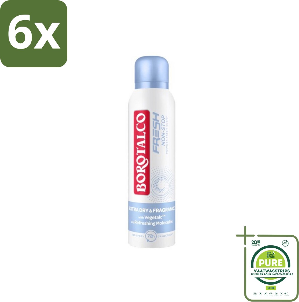 Borotalco – Deodorant Spray – Fresh Non-Stop – 150 ml - Voordeelverpakking - 6 stuks - Frisheid - Zweetbestendig
