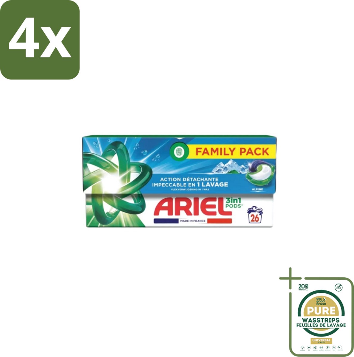 Ariel – Pods 3in1 – Alpine – 26 wasbeurten - Voordeelverpakking - 4 stuks - Kleurbehoud wasmiddel - Frisse geur wasmiddel