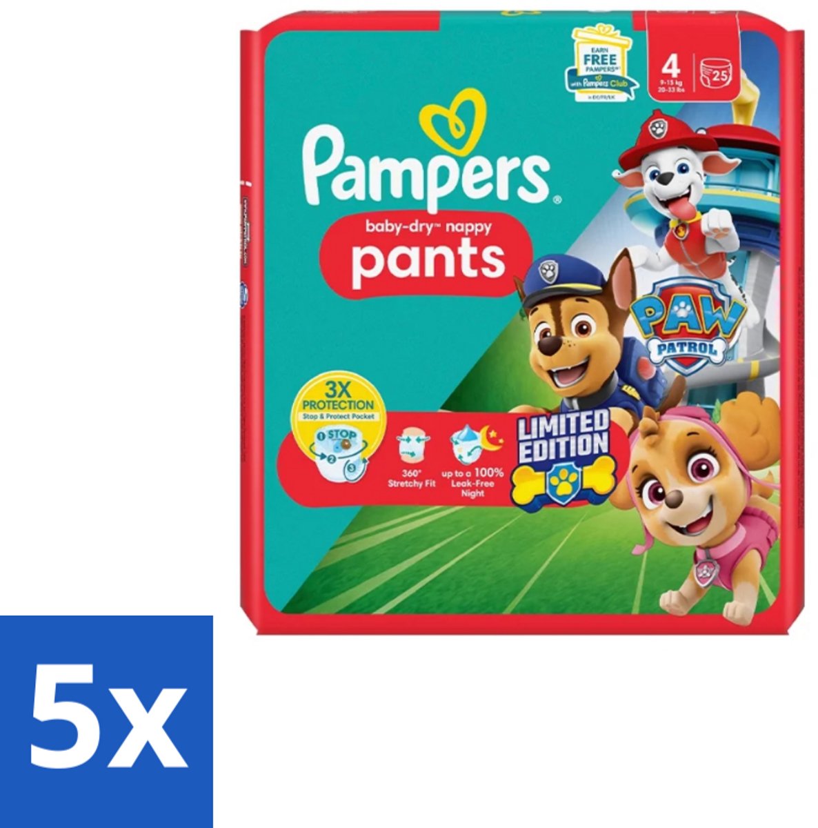 Pampers – Luierbroekjes – Baby Dry Pants Paw Patrol Maat 4 – 25 Luiers - Bulkverpakking - 5 stuks