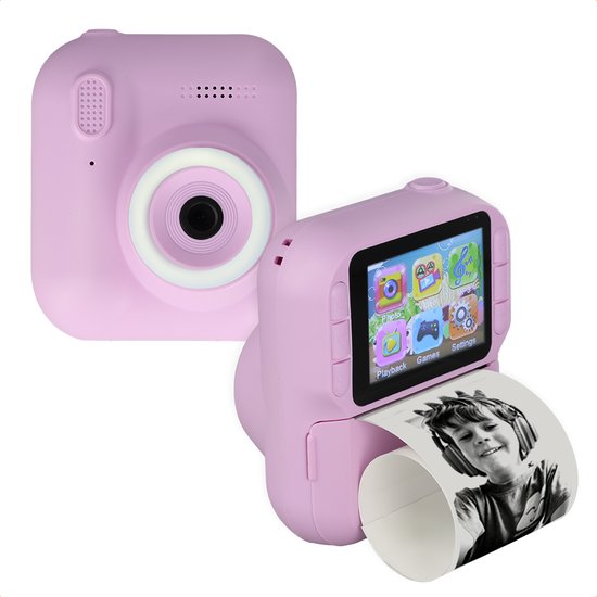 Lila kindercamera met ringlicht en een scherm dat spelletjes en foto's toont. Er print een zwart-wit foto van een jongen uit.