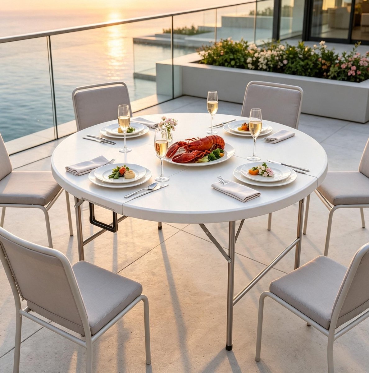 STILVORA Eettafel - Opklapbare Ronde Tuintafel Voor 6 Personen - HDPE Tafelblad En Stalen Frame - Ø122 X 73 Cm - Grijs Wit