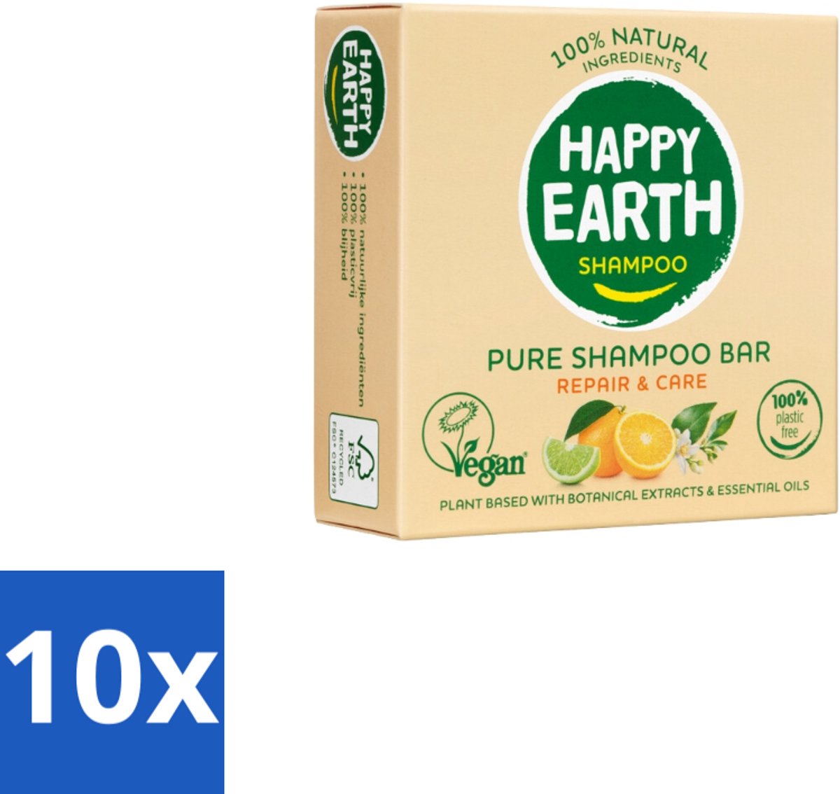 10 x Happy Earth – Shampoo Bar – 100% Natuurlijk Repair & Care – 70 g - Voordeelverpakking - 10 stuks