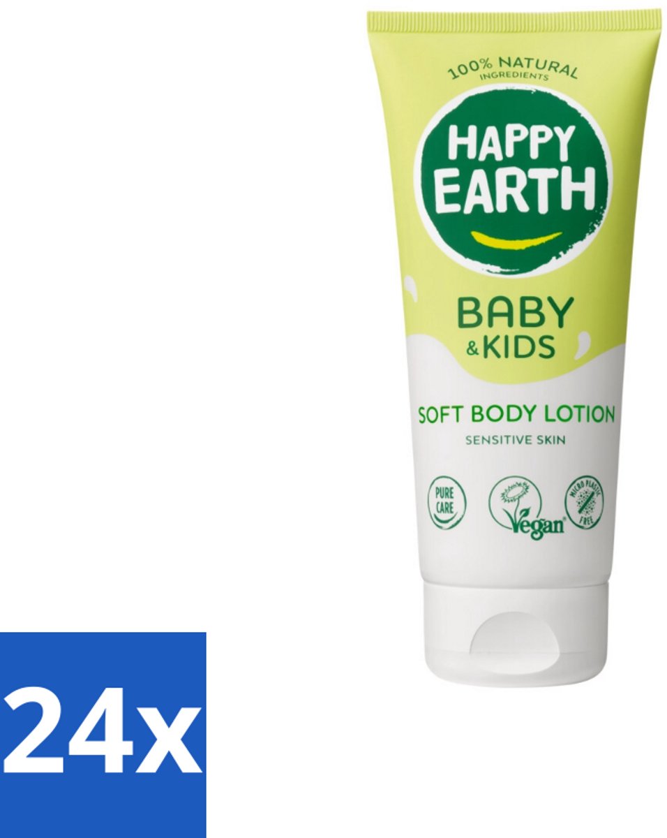 24 x Happy Earth – Bodylotion – 100% Natuurlijk Baby & Kids – 200 ml - Babylotion - Kinderhuid - Natuurlijke Bodylotion - Gezonde Huid - Gevoelige Huid