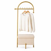 LuxaLiving Kledingrek Metaal Goud – Kapstok met Zitbank – Kledingrek met Opbergruimte – Garderoberek – Beige – 180 x 63 cm