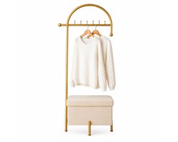 Titel die ik zou gebruiken LuxaLiving Kledingrek Metaal Goud – Kapstok met Zitbank – Kledingrek met Opbergruimte – Garderoberek – Beige – 180 x 63 cm