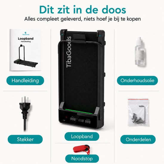 De doos bevat een inklapbare loopband van TibaGoods, een handleiding, stekker, noodstop, onderhoudsolie en onderdelen.