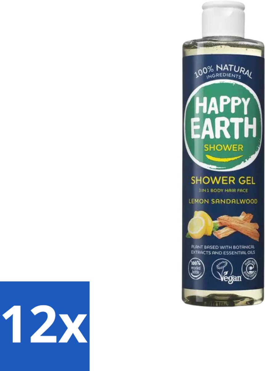12 x Happy Earth – Douchegel – 100% Natuurlijk Men Protect – 300 ml - Douchegel Mannen - Natuurlijke Douchegel - Vegan Douchegel - Gezichtsreiniging - Haarreiniging