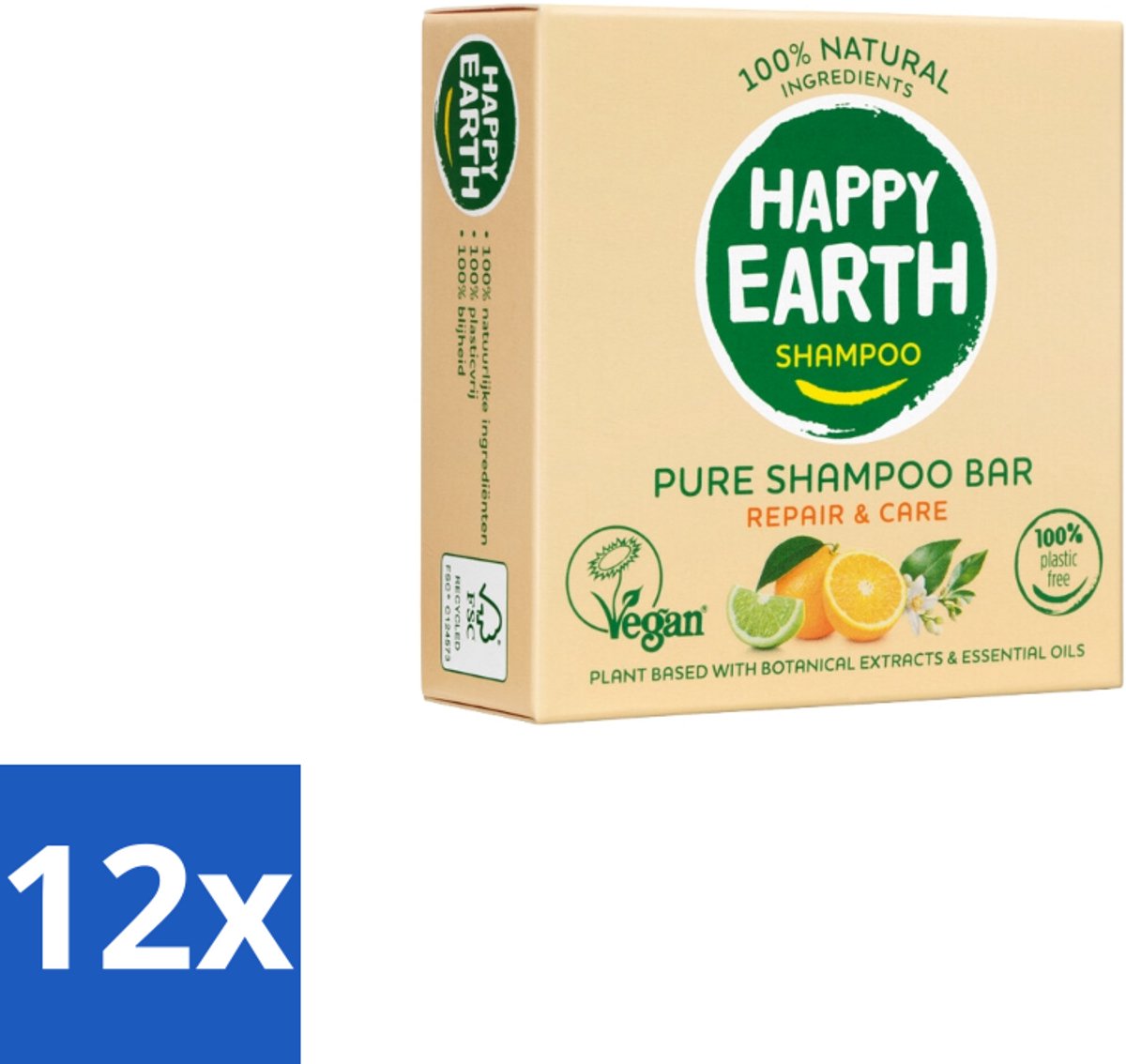 12 x Happy Earth – Shampoo Bar – 100% Natuurlijk Repair & Care – 70 g - Shampoo Bar - Droog Haar - Beschadigd Haar - Natuurlijke Shampoo - Vegan Shampoo