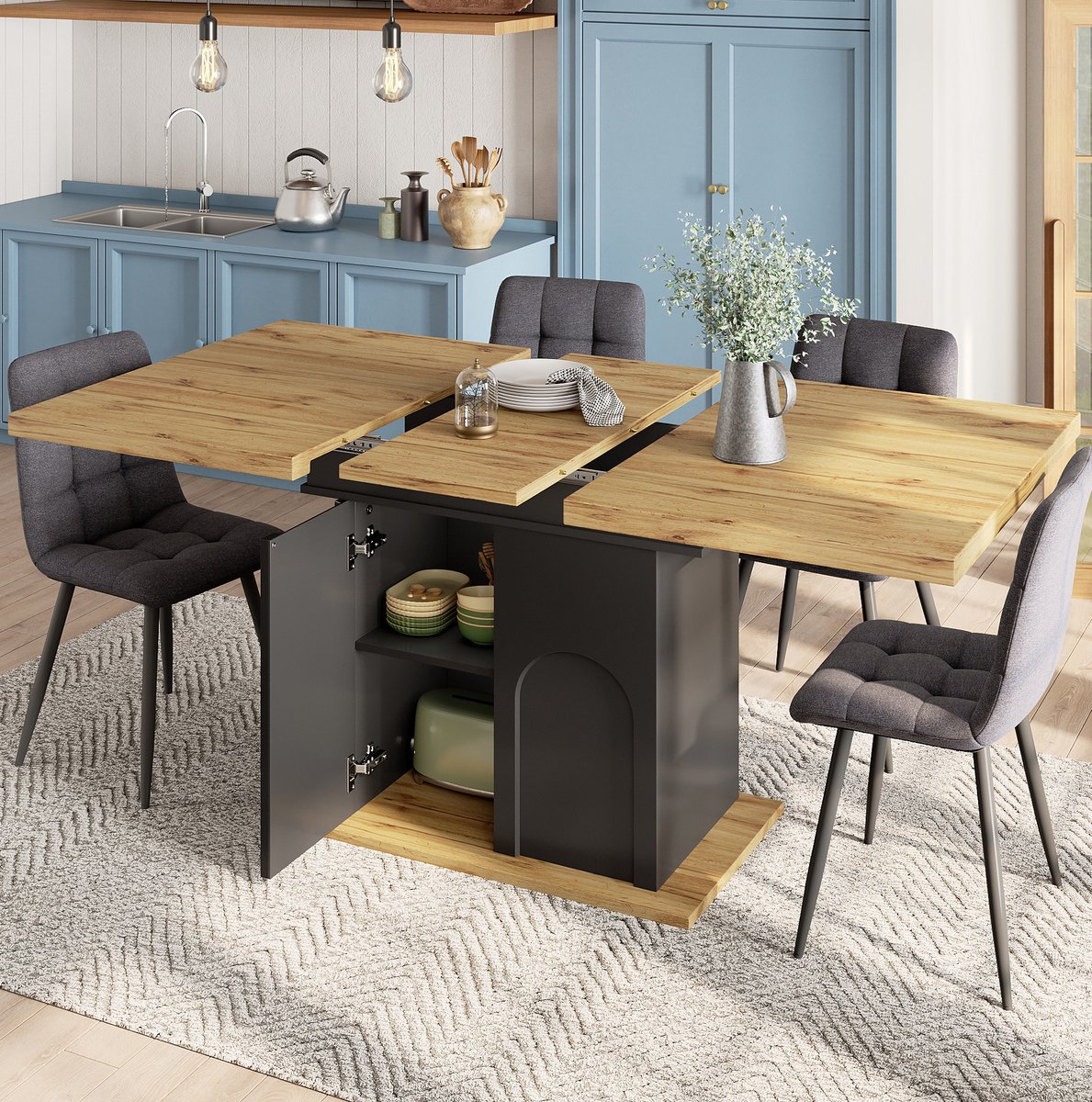 Wishdor Uitrekbare eettafel - Modern design - Opbergruimte en soft-close - MDF en metaal - Keuken woonkamer eethoek - Zwart naturel - 140 x 80 x 76 cm
