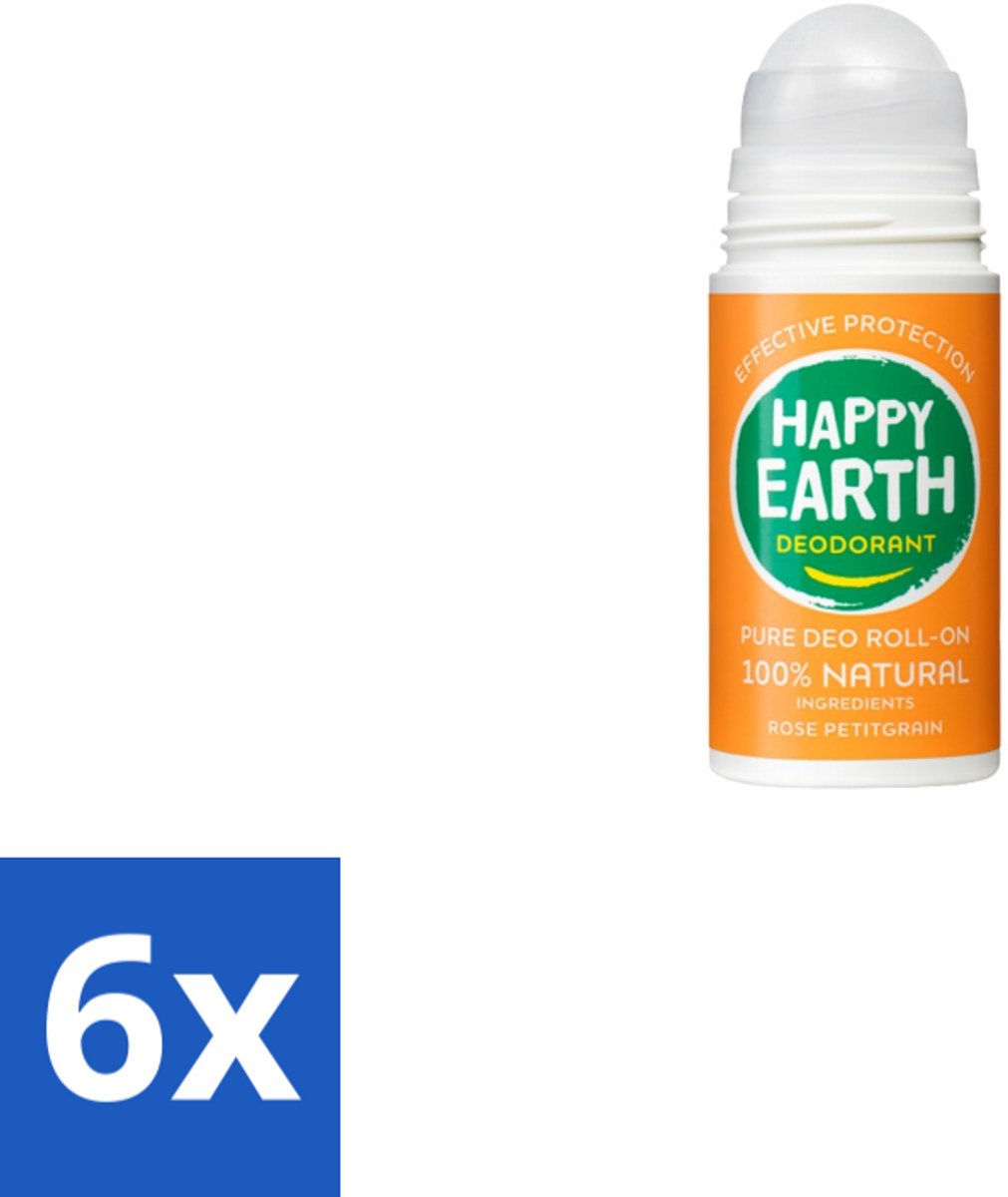 6 x Happy Earth – Deodorant Roll-On – 100% Natuurlijk Rose Petitgrain – 75 ml - Natuurlijke Deodorant - Roll-on Deodorant - Bloemige Geur - Frisse Geur - Huidvriendelijk