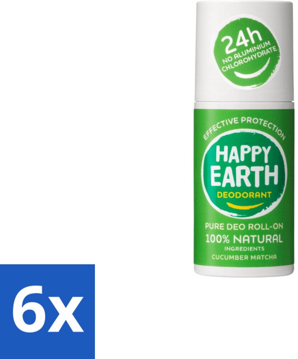 6 x Happy Earth – Deodorant Roll-On – 100% Natuurlijk Cucumber Matcha – 75 ml - Deodorant - Fris - Natuurlijk - Huidvriendelijk - Komkommer