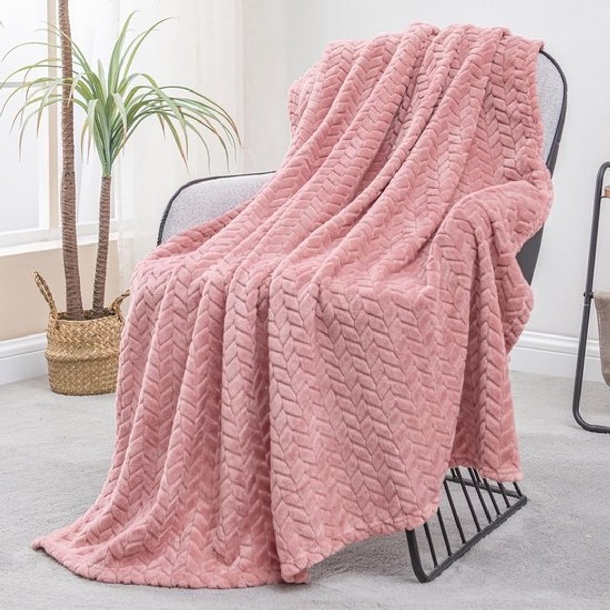 Zachte Fleece Deken voor Bank en Bed, 127 x 178 cm Jacquard Flanellen Plaid in Oudroze