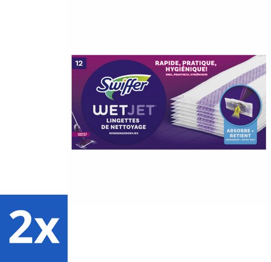 Pack de 12 lingettes Swiffer WetJet, motif violet et blanc, mention 2x.