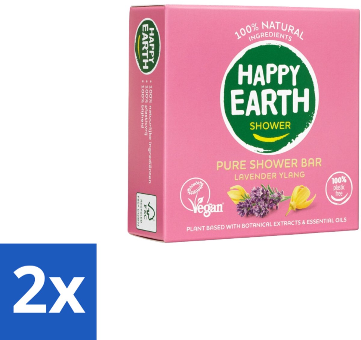 2 x Happy Earth – Shower Bar – 100% Natuurlijk Lavender Ylang – 90 g - Douchegel - Natuurlijke Douchegel - Lavendel - Ylang-ylang - Sheaboter