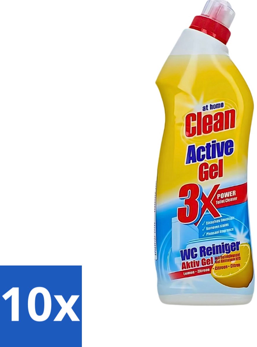 10 x At Home - Clean - Active Gel - Toiletreiniger - Lemon - Extra Krachtig - 750 ml - Toiletreiniger - Kalk Verwijderen - Toilet Reinigen - Lemon Geur - Hygiëne Toilet
